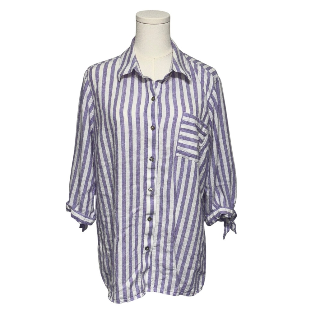 Susan Graver Linen Blend Button Up Striped 3/4 Sleeve Shirt Sz L Coastal Grandma